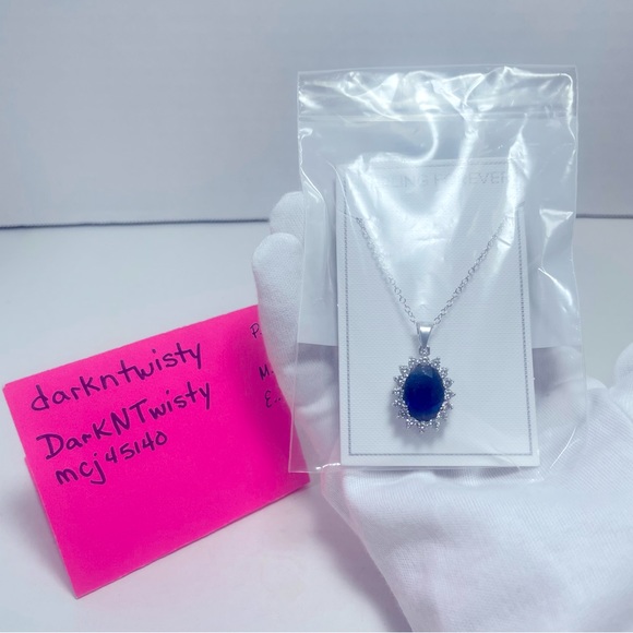 BNWT STERLING FOREVER LAB CREATED SAPPHIRE & CZ DIANA NECKLACE 16”-18” - Picture 2 of 14